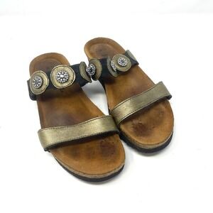 Naot Women's‎ Marissa Sandals Gold Leather Beaded Two-Strap Elastic Sparkle 38